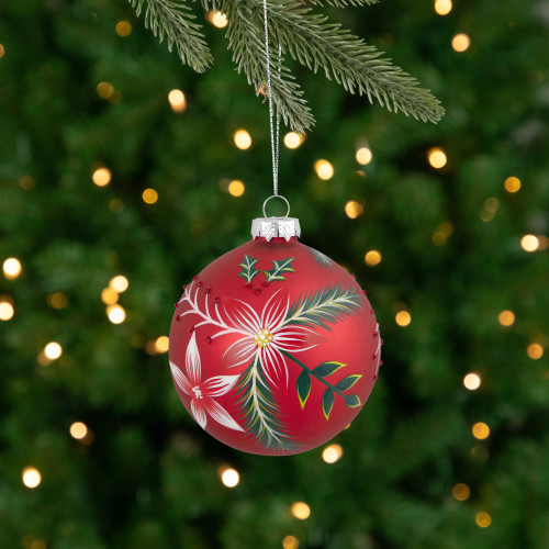 Poinsettia and Holly Glass Christmas Ball Ornament - 4" - Red