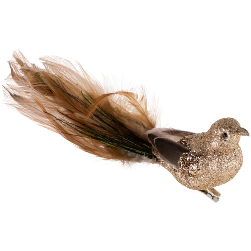 Glitter Bird with Feather Tail Clip On Christmas Ornament - 8" - Gold and Brown