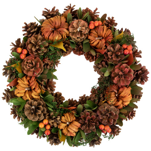 Orange and Green Fall Wreath With Pumpkins and Pinecones - 13.75 Inch, Unlit