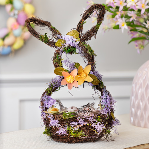 14.5" Purple and Green Artificial Floral Bunny Shaped Basket
