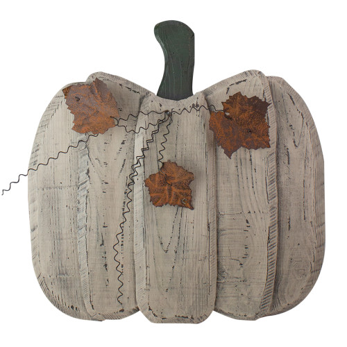 Large Wooden Fall Harvest Pumpkin with Leaves and Stem - 18.5"