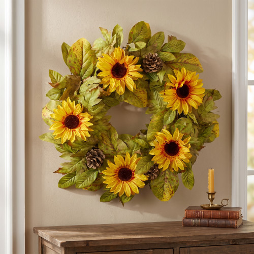 Yellow Sunflower and Pine Cone Artificial Fall Harvest Wreath - 24 inch, Unlit