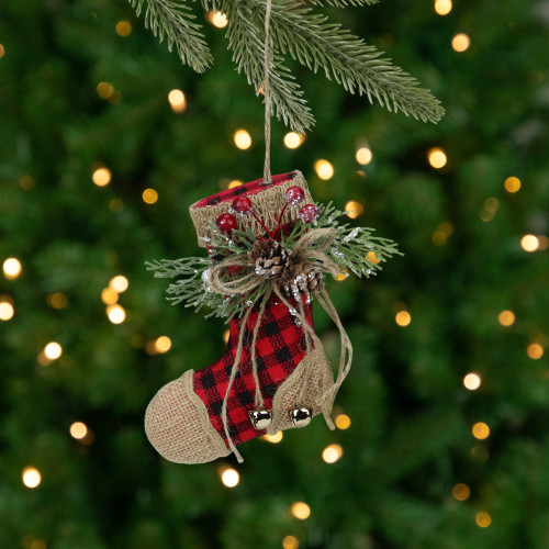 5.75" Red Plaid and Burlap Christmas Stocking Ornament