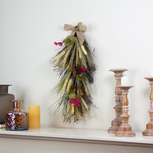 Wheat and Pinecone Artificial Fall Harvest Teardrop Swag with Burlap Bow - 24"