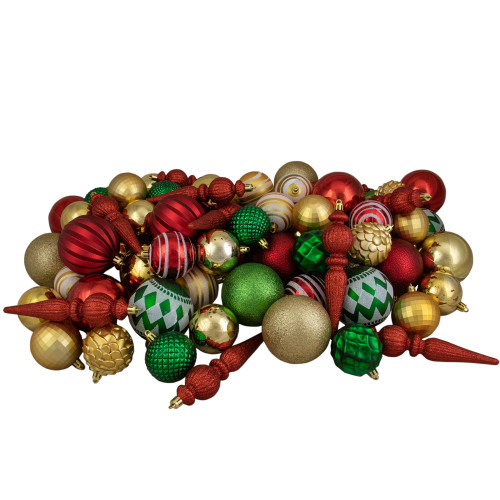 Shatterproof 3-Finish Christmas Ball and Finial Ornaments - Red, Gold and Green - 75ct