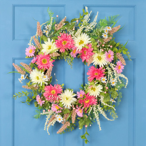 Gerbera Daisy and Statice Floral Spring Wreath - 23" - Pink/White