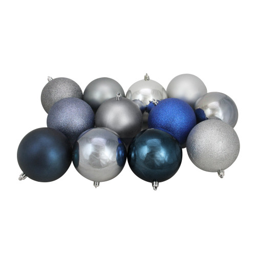 Shatterproof 3-Finish Christmas Ball Ornaments - 4" (100mm) - Silver and Blue - 12ct