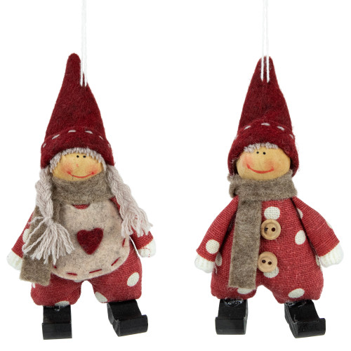 Plush Polka Dot Boy and Girl Christmas Ornaments - 5.5" - Red - Set of 2