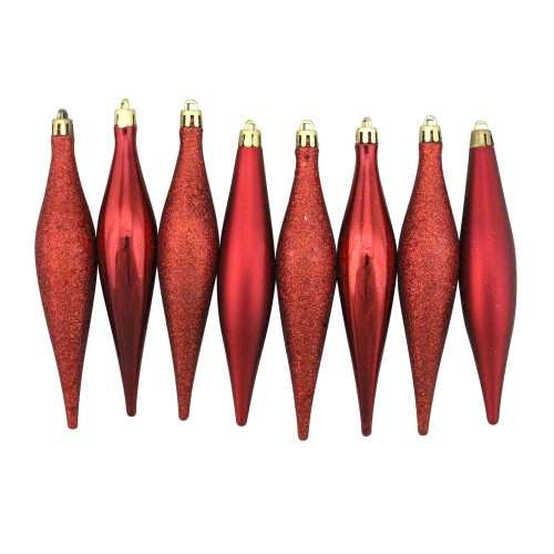 Shatterproof 4-Finish Finial Drop Christmas Ornaments - 6" (152mm) - Red - 8ct