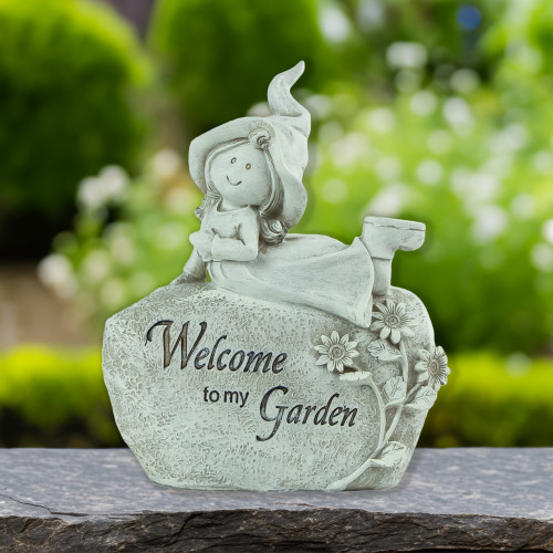 7.5" Girl Laying on Rock "Welcome To My Garden" Outdoor Garden Statue