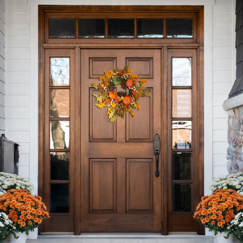 Fallen Leaves with Pine Cones and Pumpkins Artificial Thanksgiving Wreath, Orange 24-Inch