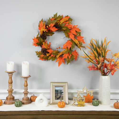 Maple Leaves Pinecones and Berries Artificial Fall Harvest Wreath - 24"