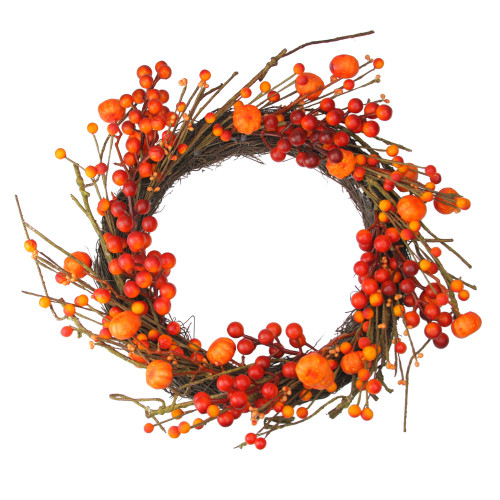 Red and Orange Fall Berry and Mini Pumpkin Artificial Thanksgiving Wreath - 20-Inch, Unlit