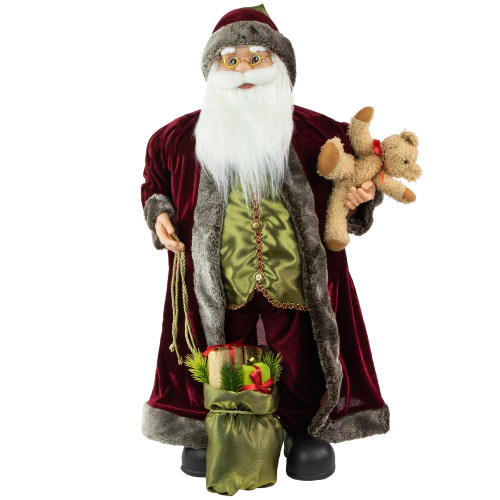 32" Burgundy Santa Claus with Teddy Bear and Gift Bag Christmas Figure