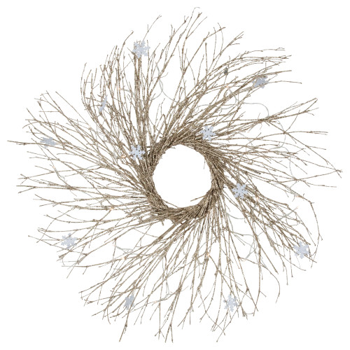Pre-lit Glittered Twig and Snowflake Christmas Wreath - 28" - Warm White LED Lights