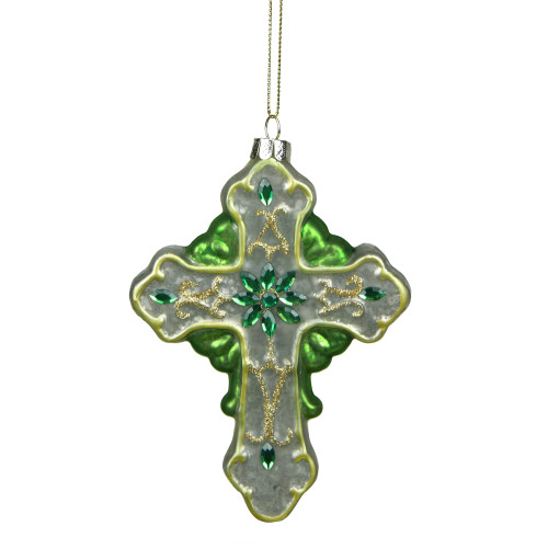 5" Green and White Luck of the Irish Mercury Cross Glass Christmas Ornament