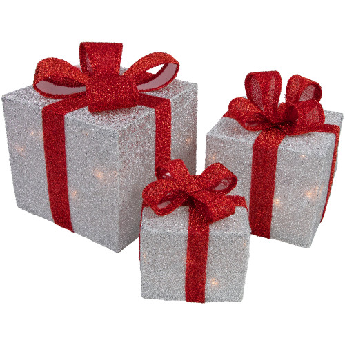 Set of 3 Silver Tinsel Lighted Gift Boxes with Red Bows Outdoor Christmas Decorations