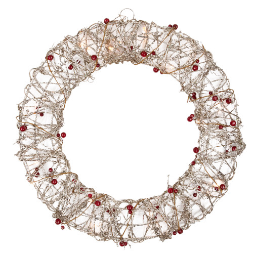 Pre-Lit Glittered Rattan Berry Small Artificial Christmas Wreath - 18" - Clear Lights