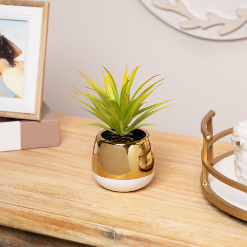 Artificial Agave Plant in Gold Ceramic Pot - 7"