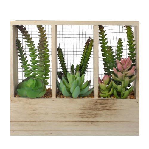 11" Artificial Mixed Succulent Arrangement in a Wooden Planter Box