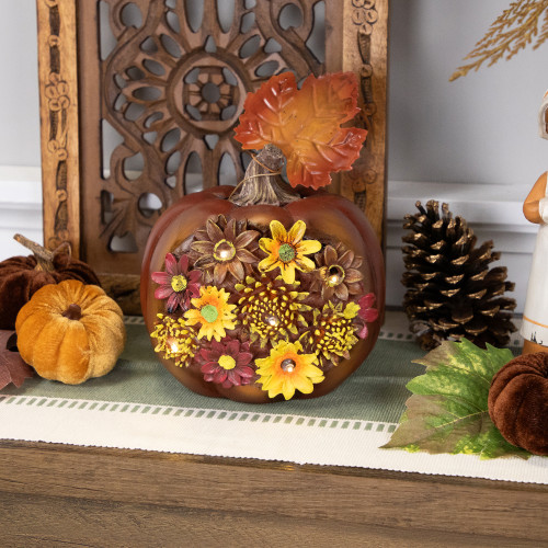 LED Lighted Solar Powered Floral Fall Harvest Pumpkin Outdoor Decoration - 8"