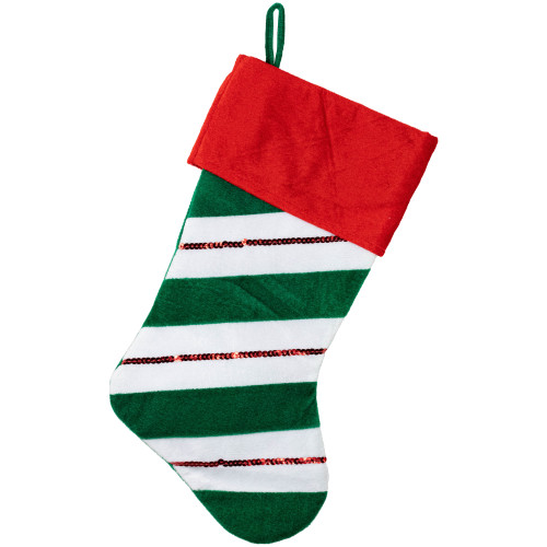 18" Red and Green Velvet Sequin Stripe Christmas Stocking