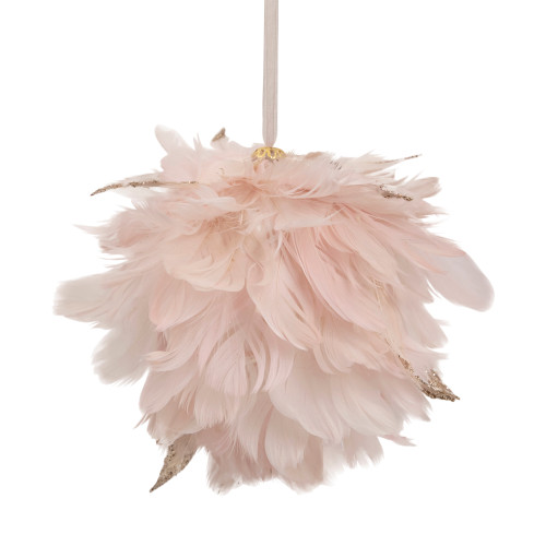 8" Pink and Gold Glitter Feather Ball Christmas Ornament