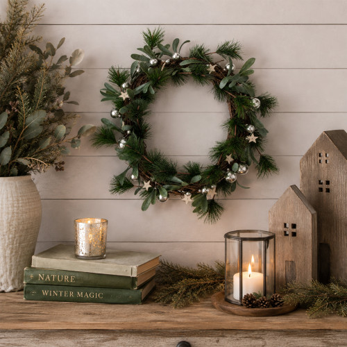 Pine Needle Wooden Stars Artificial Christmas Wreath - 12" - Unlit