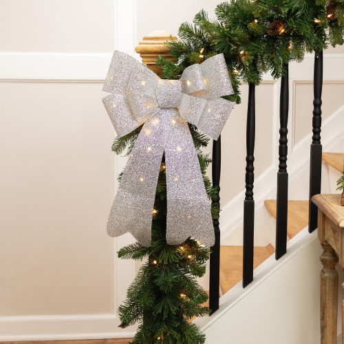 LED Lighted Tinsel Bow Christmas Decoration - 24" - Silver