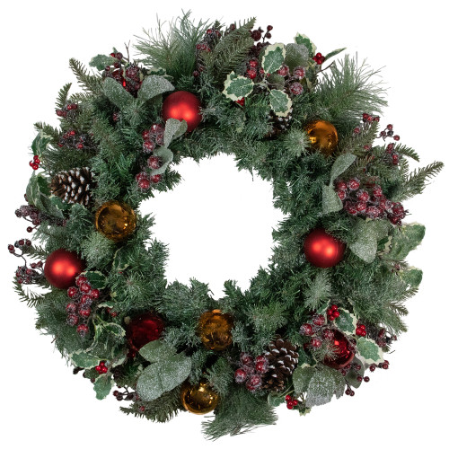 Frosted Long Needle Pine and Ornaments Artificial Christmas Wreath, 32-Inch