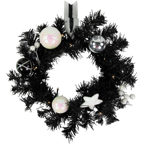 Pre-Lit LED Battery Operated Black Pine Christmas Wreath - 16" - Cool White Lights