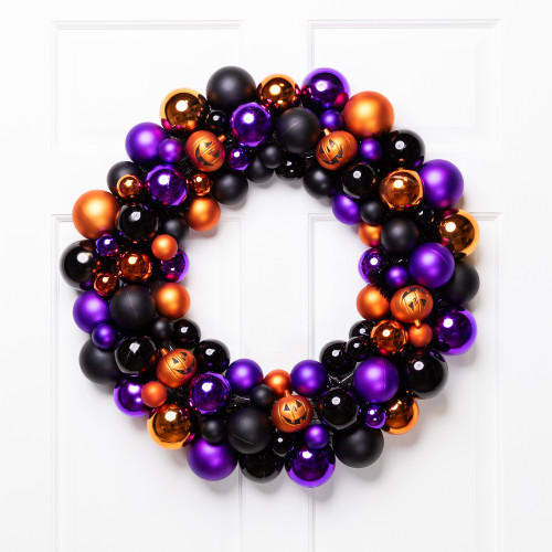 Jack-O-Lanterns Shatterproof Ball Ornament Halloween Wreath - 24" - Unlit