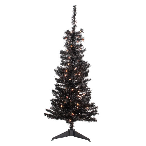4' Pre-Lit Black Artificial Tinsel Halloween Tree Clear Lights