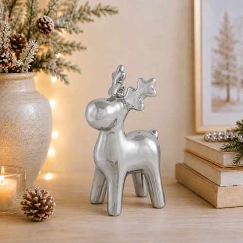 Sleek Ceramic Standing Moose Christmas Figurine - 7" - Silver Finish