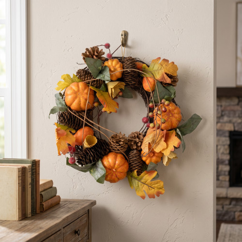 Speckled Pumpkins, Vine and Pinecone Artificial Fall Harvest Small Twig Wreath - 13.5"