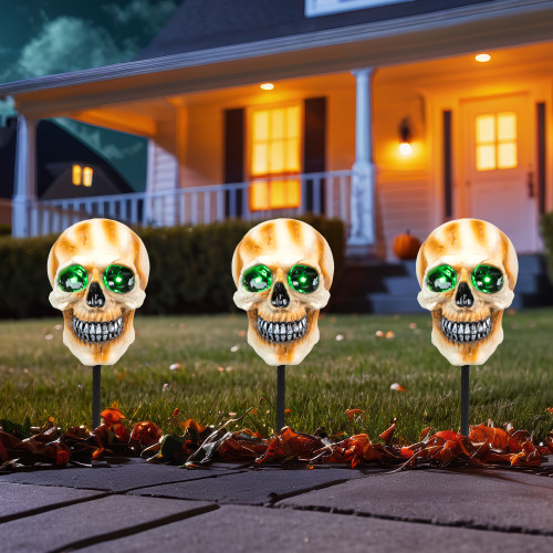 LED Lighted Skeleton Head Halloween Outdoor Pathway Markers with Sound - 15" - Set of 3