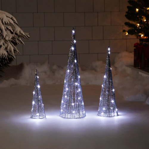 LED Lighted Glittered Outdoor Christmas Cone Tree - 23.75" - Silver - Set of 3