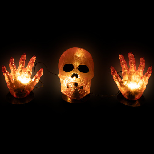 LED Lighted Skull and Hands Outdoor Halloween Decoration - 4' Black Wire - Orange