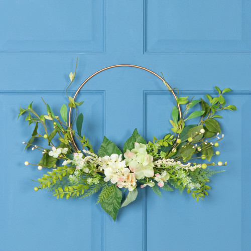 Hydrangea and Fern Golden Ring Half Wreath - 24"