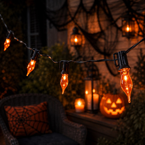 Flickering Flame C7 Halloween Lights - Orange - 9' Black Wire - 10ct