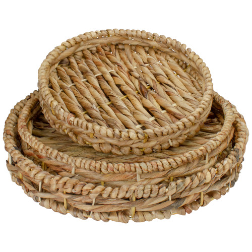 Set of 3 Round Natural Woven Water Hyacinth Serving Trays 16"