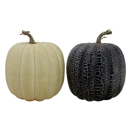 Set of 2 Black and White Fall Harvest Tabletop Pumpkins 6"