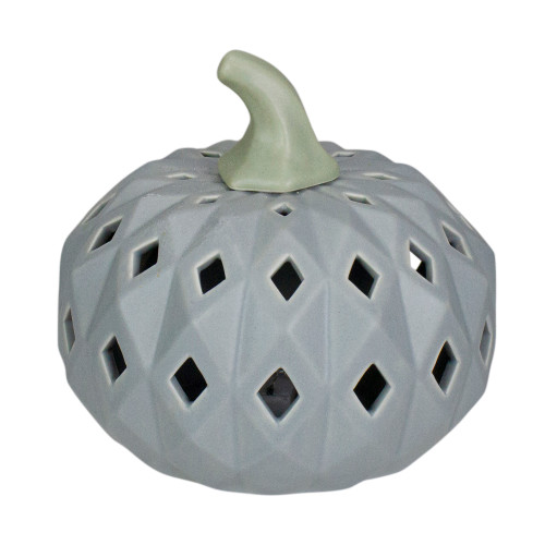 5" Gray and Green Lighted Fall Harvest Ceramic Pumpkin