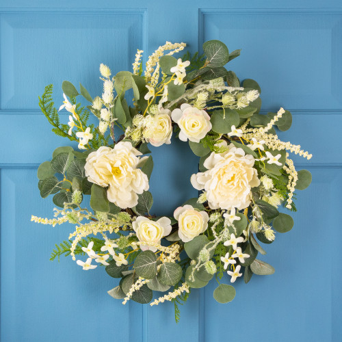 Peony, Rose and Mixed Foliage Artificial Spring Wreath - 20"