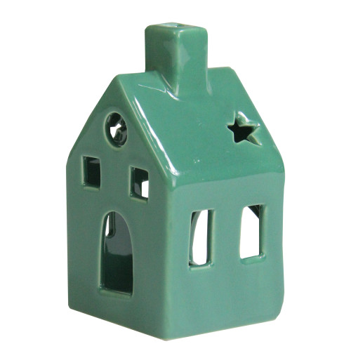 4.25" Green Tea Light House Mini Flameless Christmas Candle Holder