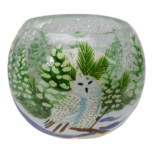 4" Hand Painted Owl and Pine Trees Glass Tealight Christmas Candle Holder