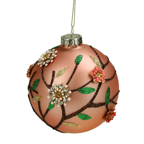 4" Beaded Floral Glass Ball Christmas Ornament