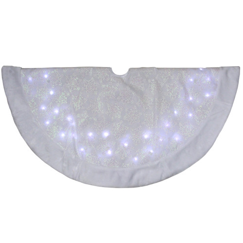 48" LED White Iridescent Snowflake Christmas Tree Skirt with Faux Fur Trim