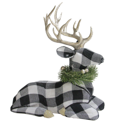 11.25" Black and White Urban Nature Buffalo Plaid Sitting Deer