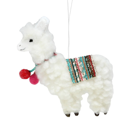 5.5" Plush White Bohemian Llama Christmas Ornament with Pom Poms